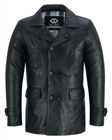 Vintage Black Men's Leather Jacket - Double Breasted Dr. Who Kriegsmarine Style -